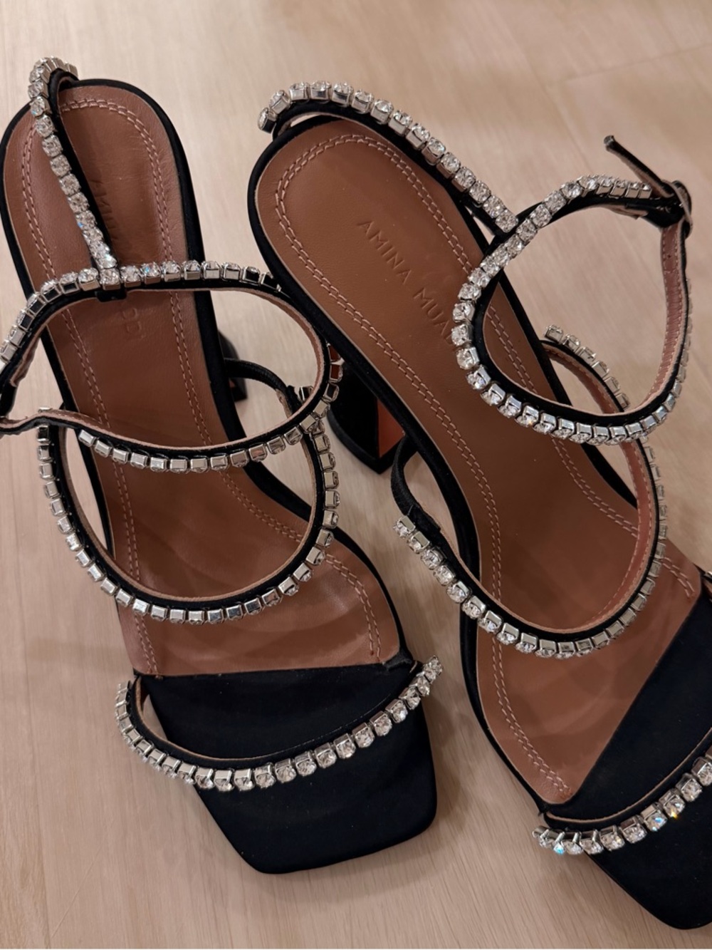 Amina muaddi Black Crystal-Strap heel